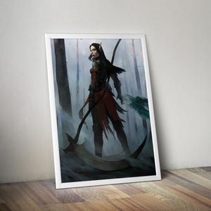 Può includere: Stampa artistica incorniciata con un'illustrazione fantasy di una figura in armatura rossa e nera, con una grande falce. L'opera è ambientata in una foresta nebbiosa con una tavolozza di colori tenui, creando un'atmosfera drammatica e misteriosa.
