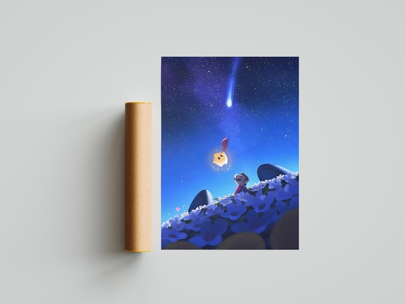 Puede incluir: L&aacute;mina art&iacute;stica con una ilustraci&oacute;n de un ni&ntilde;o mirando una estrella fugaz y una criatura brillante con forma de estrella. La escena est&aacute; ambientada en un cielo estrellado y un campo de flores blancas. Un p&oacute;ster enrollado est&aacute; a la izquierda.