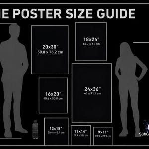 Puede incluir: Una gu&iacute;a de tama&ntilde;os de p&oacute;ster con dimensiones en pulgadas y cent&iacute;metros. Incluye tama&ntilde;os como 20x30" (50,8 x 76,2 cm) y 24x36" (61 x 91,4 cm), con siluetas humanas para la escala. El texto "THE POSTER SIZE GUIDE" est&aacute; en la parte superior.