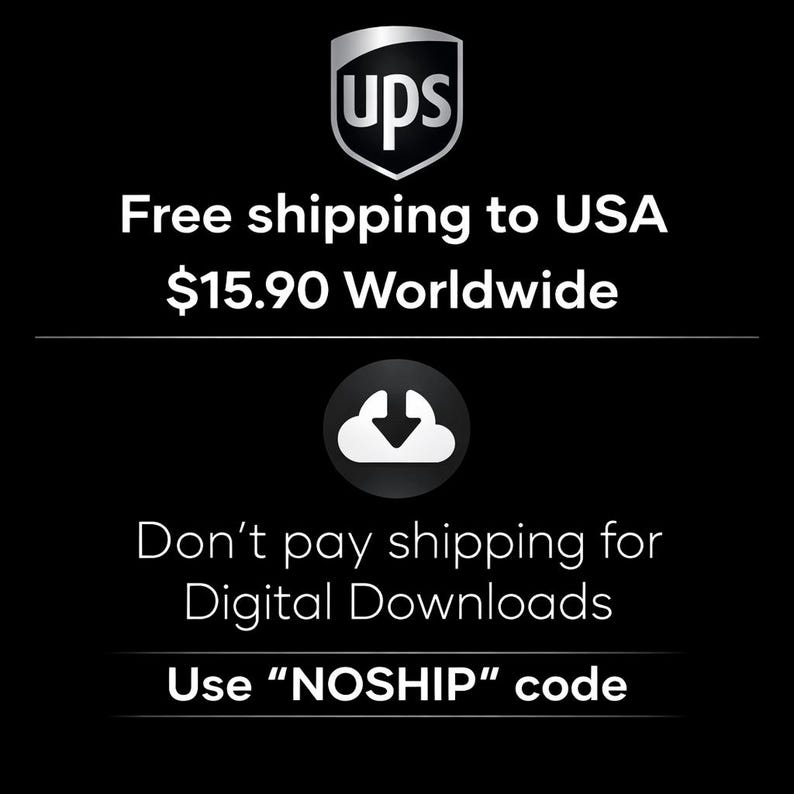 Puede incluir: Fondo negro con el logotipo de UPS en la parte superior. El texto dice "Env&iacute;o gratuito a EE. UU." y "No pague el env&iacute;o de descargas digitales". La imagen tambi&eacute;n incluye el texto "Use el c&oacute;digo NOSHIP".