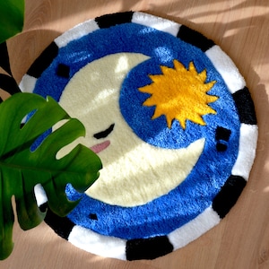 Round tufted rug moon and sun &quot;Moune&quot; 50x50cm blue, yellow, black and ecru (MADE TO ORDER)
