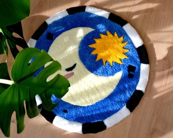 Round tufted carpet moon and sun "Moune" 50x50cm blue, yellow, black and ecru