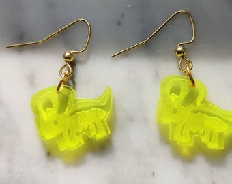 Yellow triceratops earrings, triceratops earrings, dinosaur earrings, dinosaur gift, birthday gift, gift for dinosaur lover, triceratops