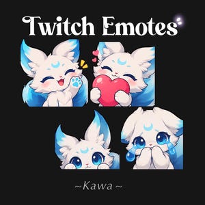 Puede incluir: Un conjunto de cuatro emoticonos digitales para Twitch que muestran una criatura blanca similar a un zorro con orejas de puntas azules y una marca de luna creciente en la frente. Los emoticonos muestran al personaje saludando, sosteniendo un corazón rojo, asomándose y llorando lágrimas azules.