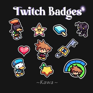Peut inclure: Ensemble de badges Twitch de style dessin animé sur fond noir. Les badges incluent un chien, une étoile, une glace, une silhouette sombre, un cœur, un personnage aux cheveux hérissés, une clé, un canard, une étoile et un personnage dans un design circulaire. Le texte indique "Twitch Badges" et "~Kawa~."