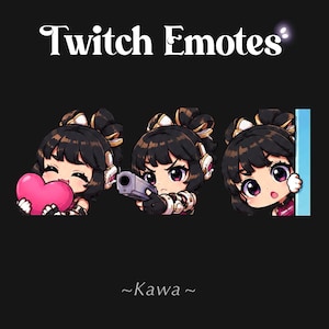 Può includere: Tre illustrazioni digitali di personaggi etichettate come Twitch Emotes con il testo ~Kawa~. La prima mostra un personaggio che tiene un cuore rosa, la seconda punta una pistola grigia e la terza sbuca da dietro un pannello blu.