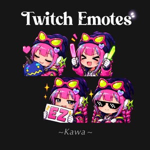 May include: A collection of four digital Twitch Emotes featuring a character with bright pink hair, a dark beanie with neon yellow goggles, and a colorful jacket. The character is shown hugging a blue bomb, holding glow sticks, holding a sign reading EZ, and wearing pixelated sunglasses.