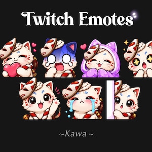 Può includere: Una collezione di sette emote digitali per Twitch raffiguranti un personaggio gatto bianco che indossa una maschera tradizionale rossa e bianca. Il gatto mostra varie espressioni, tra cui tenere un cuore, piangere, indossare un cappuccio viola e sbirciare da dietro un muro.