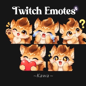 Könnte beinhalten: Ein Set aus fünf digitalen Illustrationen mit der Aufschrift Twitch Emotes und ~Kawa~, die eine stilisierte orangefarbene Katzenfigur mit großen Augen zeigen. Die Katze ist in verschiedenen Ausdrücken dargestellt: winkend, mit blauen Tränen weinend, verwirrt mit einem gelben Fragezeichen, ein rotes Herz haltend und mit funkelnden Augen.