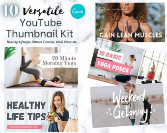 Può includere: Un set di 10 modelli di miniature YouTube con vari temi di stile di vita e fitness. Le miniature includono immagini di persone che fanno yoga, si allenano e gustano pasti sani. Il testo sulle miniature include frasi come "20 minuti di yoga al mattino", "Consigli per una vita sana", "10 posizioni di base dello yoga", "Come ottenere muscoli magri" e "Fuga nel fine settimana".