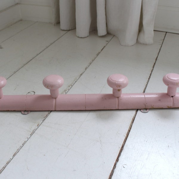 Vintage French Pastel Pink Small Coat Rack, Towel Rack with 4 pegs, Chippy Paint. French Farmhouse Home Decor.