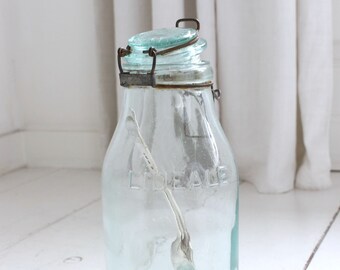 Vintage French Aqua Green 1.5 Liter Preserving Jar, Canning Jar, Relief. Country Living - Farmhouse Kitchen Decor.