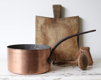 Vintage French Large Copper Saucepan w Patina. French Farmhouse Kitchen Country Style