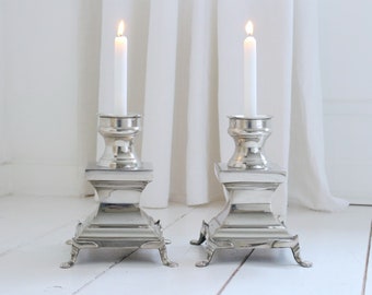 Impressive Vintage Set of Chrome Footed Candlesticks, Mood Lighting, Minimalist Design.