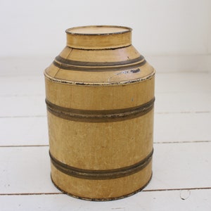 1X Antique Round Grocery Tin, Storage Tin, Mustard Yellow.Collectible Item Farmhouse Kitchen Decor Country Style. image 1
