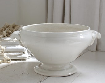 Antique Ironstone Tea Stained Tureen, Footed Bowl, Serving bowl,Boch La Louviere. French Farmhouse Kitchen Decor.