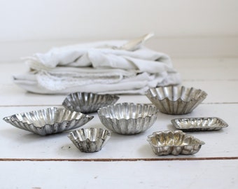 Vintage Set of 7 different small baking tins, cookie moulds, chocolate moulds, pastry moulds. Farmhouse Kitchen Decor.