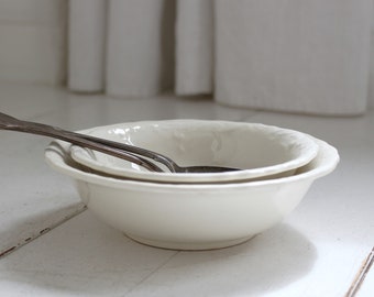 2x Off White Ironstone Relief Bowls. Farmhouse Kitchen Decor. Country Home Style.