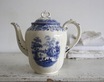 Vintage Ironstone Coffee or Teapot with Blue Transferware Decor, Villeroy Boch, Farmhouse Kitchen Decor - Country Style