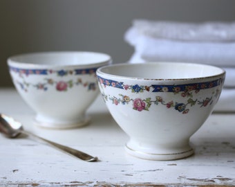 Pair of 2 Antique Small Ironstone Café au Lait Bowls - Rinsing Bowls w Floral Decor. Farmhouse Kitchen Decor.