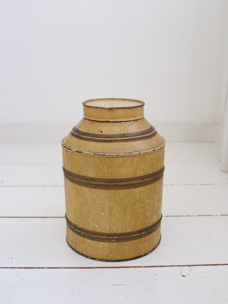 1X Antique Round Grocery Tin, Storage Tin, Mustard Yellow.Collectible Item Farmhouse Kitchen Decor Country Style. image 5