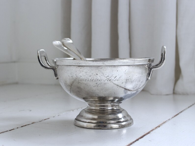 Antique Hotel Silver Footed Serving Bowl, Vegetable Bowl, American Hotel Amsterdam 1881, Collector's Item, Farmhouse Kitchen Decor. image 8