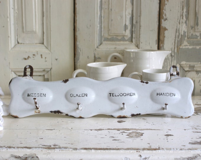 Antique White Enamel Towel Rack, Kitchen Rack. French Farmhouse Kitchen