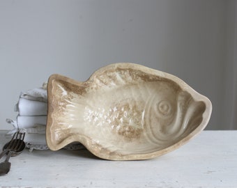 Antique Ironstone heavy Tea Stained Pudding Mould,Fish Shape. Farmhouse Kitchen Decor. Country Home.Collectors item of Tea Stained Ironstone