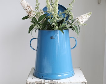 Beautiful Vintage Large Blue Enamel Fat Pot - Grease Kettle - Lard Pot - Flower Vase - Dustbin. French Farmhouse Decor - Country Living.