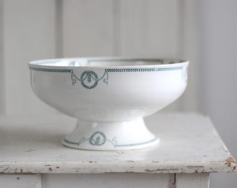 Rare Antique Ironstone Footed Bowl, Petrus Regout Empire, Green Transferware Decor. Farmhouse Home Decor