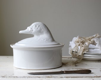 Vintage French Oval White Glazed Patetureen with Duck Lid. French Farmhouse Kitchen Decor.