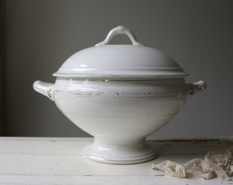 Off White Tureen Parisian Style with gold decor Nimy Belgium. Farmhouse Kitchen Decor - Chateau Chic.