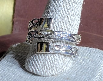 handmade solid sterling silver jewelry from recycled metals - adjustable open ring - tri braided spiral