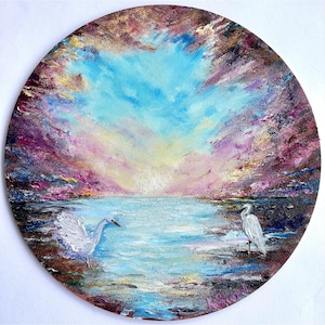 Heron Painting Original Oil Painting Heron Bird Painting White Heron Art Pond Art Sunset Painting Textured Original Art Love Round Artwork