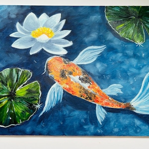 Water Lily Painting Original Art Koi Fish Painting Japanese Koi Fish ...