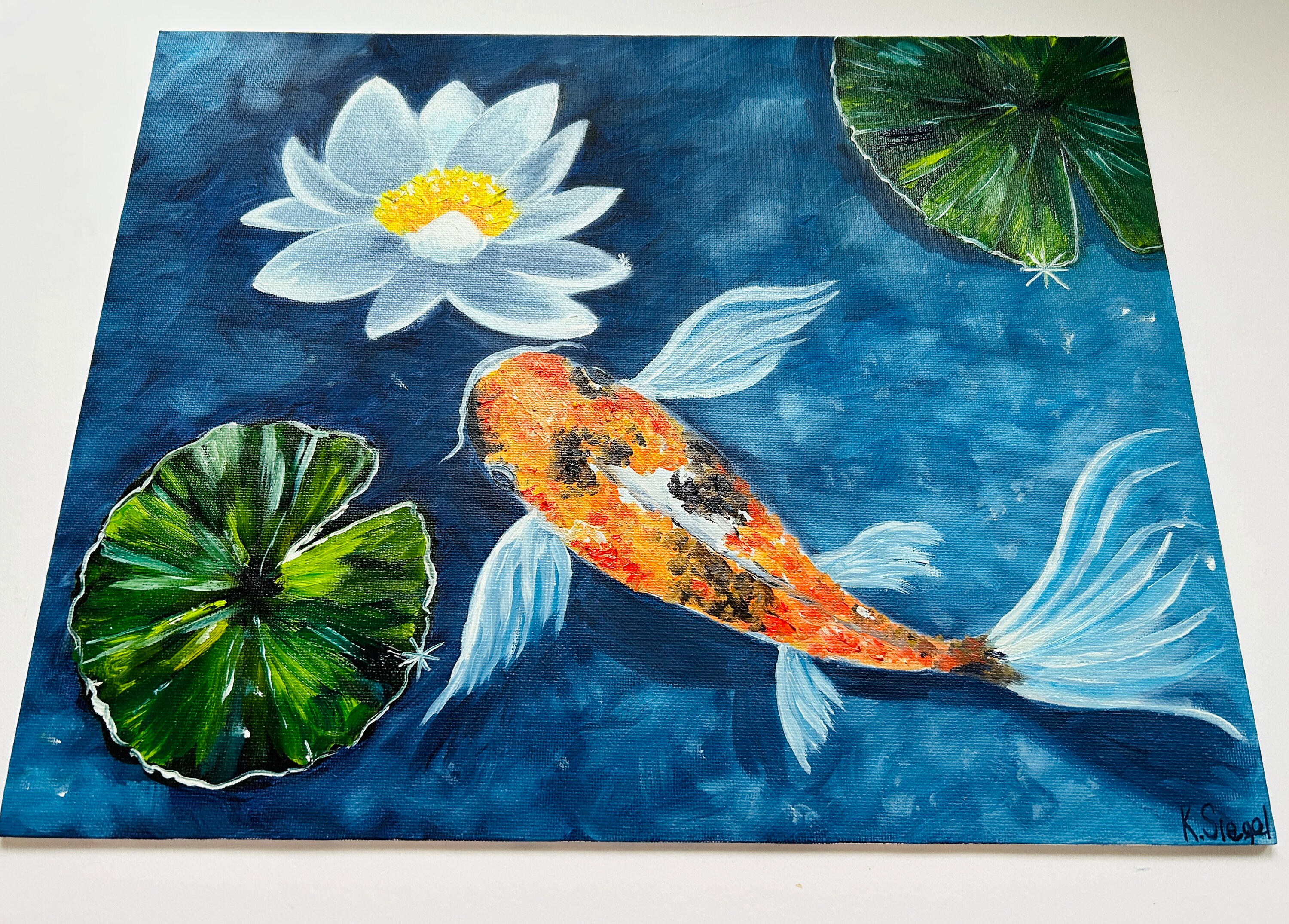 Koi fish drawing illustration painting oriental pond japan Japanese wall  art home decor colorful water lily