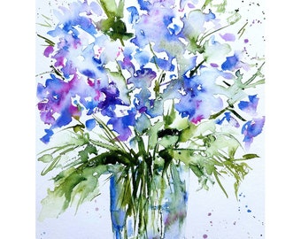 Bouquet Of Flowers Painting Original Art Flowers In Vase Painting Blue Flowers Artwork Watercolor Floral Artwork Bouquet Of Flowers Wall Art