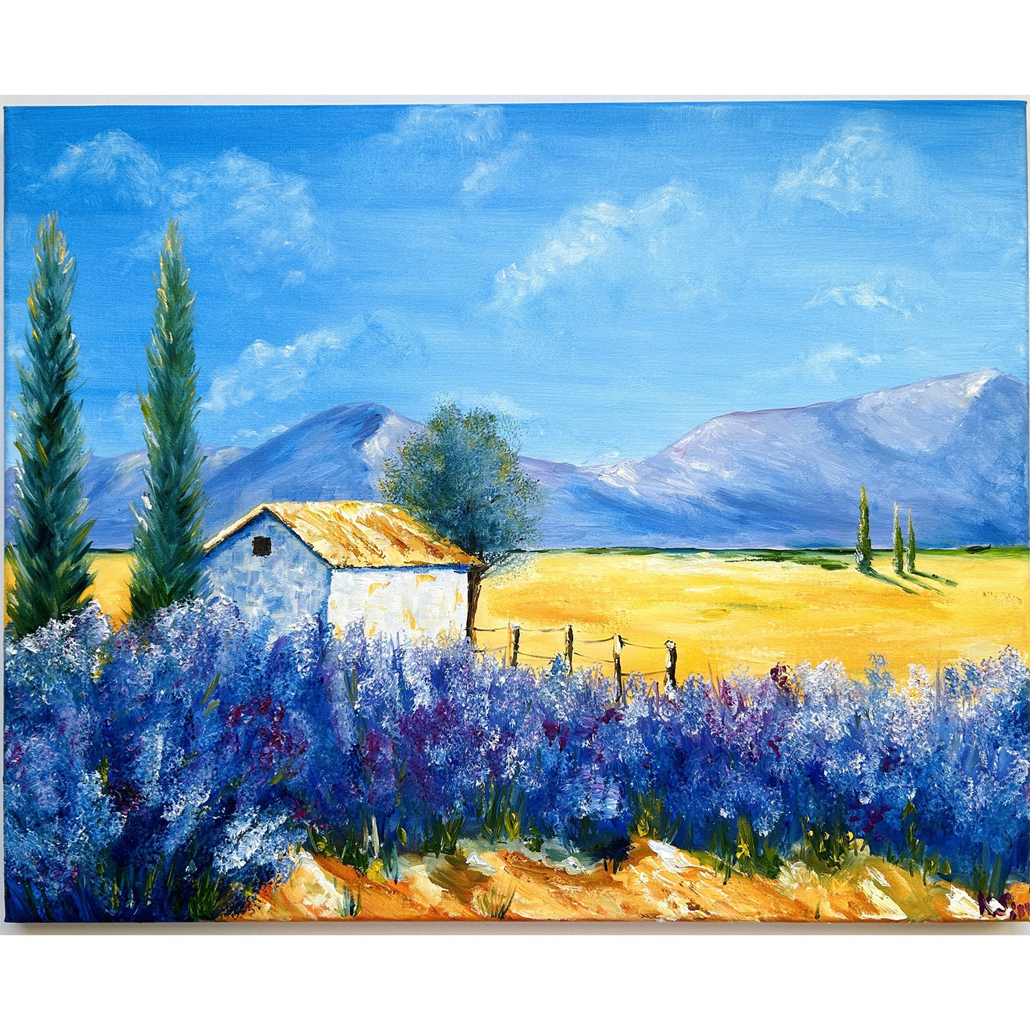 Provence Malerei Lavendel Malerei Haus in der Provence Kunst Original Ölgemälde Lavendel Wand Kunst Landschaft Berge Kunst Frankreich Gemälde