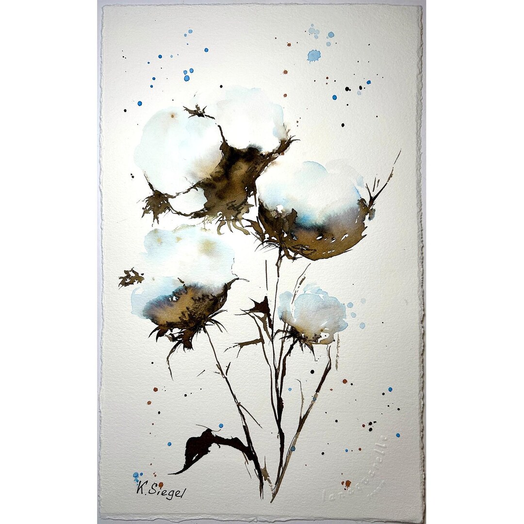 Cotton Painting Cotton Flower Art Original Watercolor White Flower ...