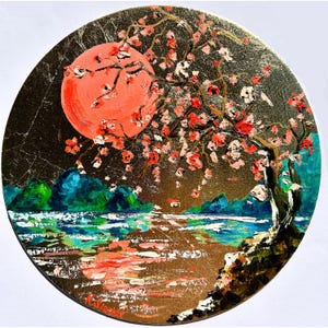 Sakura peinture art japonais original peinture à l'huile fleurs de cerisier art paysage japonais art asiatique sakura art rond art art texturé