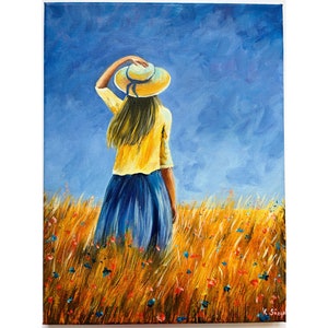 Romantic Girl Painting Original Art Girl In Hat Art Girl In Field Painting Woman In Hat Artwork Field Art People Art Original Oil On Canvas