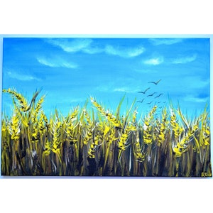 Peinture originale de champ, peinture champ de blé, grande peinture de paysage, ciel bleu, art mural, champ de blé, art à l&#39;huile