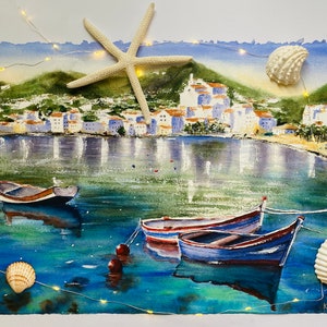 Mediterranean Landscape Painting Original Art Boats Painting Seascape Painting Fishing Boats Artwork Mediterranean Art Seascape Wall Art