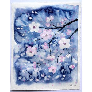 Dipinto di albero in fiore, albero di Sakura, arte originale, fiori bianchi, pittura ad acquerello, arte floreale, fiori astratti, opera d'arte floreale da parete