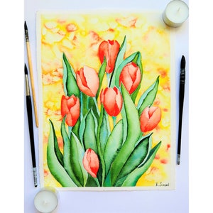 Tulpen Malerei Blumenmalerei Rote Tulpen Blumenmalerei Frühlingsblumen Malerei Blumenstrauß mit Tulpen Blumenwandkunst Aquarellmalerei