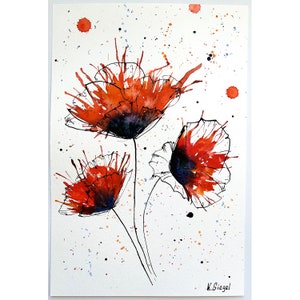 Poppies Painting Original Art Poppy Flowers Painting Red Poppies Art Abstract Flowers Painting Watercolor Poppies Art Floral Ink Painting