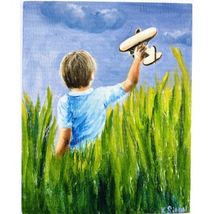 Boy Painting Kids Original Oil Painting Little Boy Artwork Playing Kids Painting Boy With Plane Art Kids Art Children Painting People Art