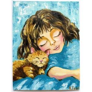 Girl Painting Kids Original Oil Art Girl With Cat Painting Little Girl Art Kitten Painting Kids Art Children Art Sleeping Girl And Cat Art