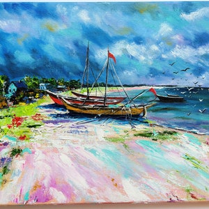 Boats Painting Original Art Beach Painting Seascape Painting Fishing Boats Artwork Sailboats Wall Art Original Oil On Canvas Coast Painting