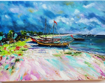 Boats Painting Original Art Beach Painting Seascape Painting Fishing Boats Artwork Sailboats Wall Art Original Oil On Canvas Coast Painting